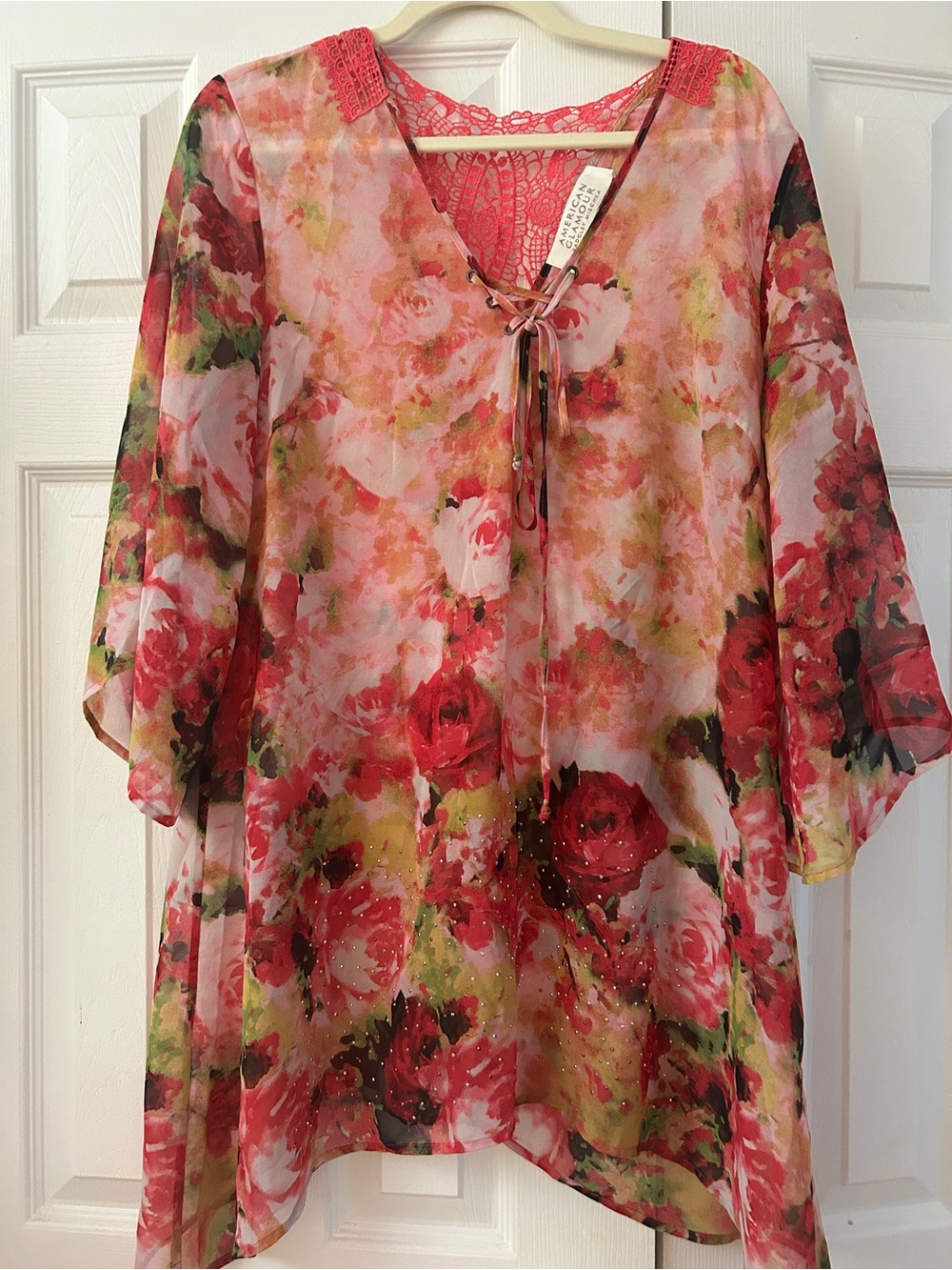 American Glamour Badgley Mischka Sheer Floral Swim Cover Up Tunic Blouse Large L